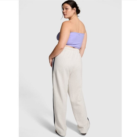 PINK Victoria's Secret Ivy Fleece Straight Leg Sweatpants Beige Stripe Large NWT - Picture 1 of 12